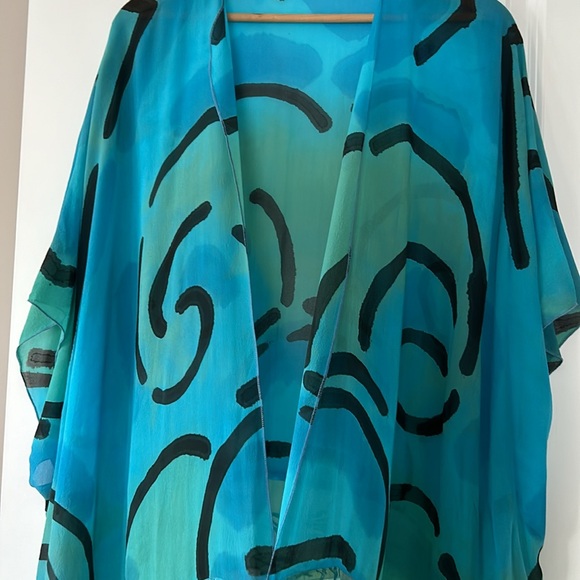 Hand-Painted Signed Open-Front Silk Kimono w Sheer Border Blue Green - Picture 5 of 12